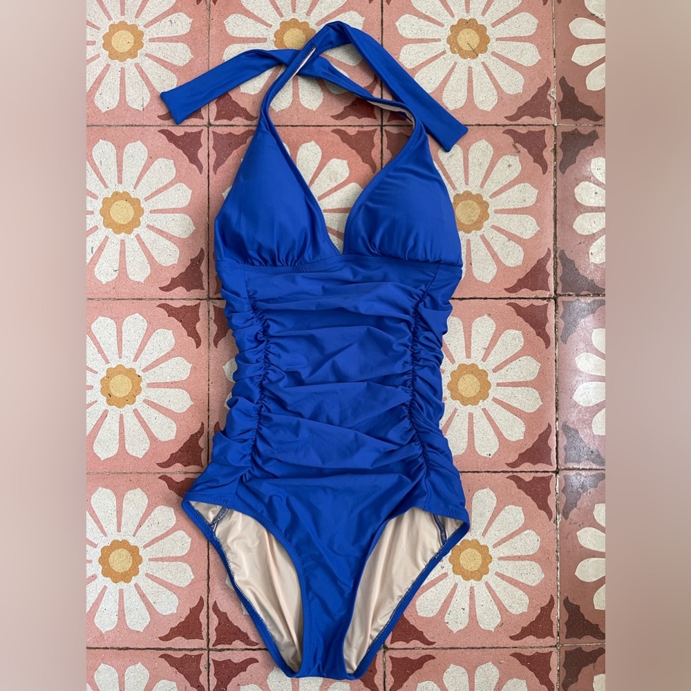 J. Crew Royal Blue One Piece Halter Swimsuit Size 4  Ruched Soft Cups Swim B6757